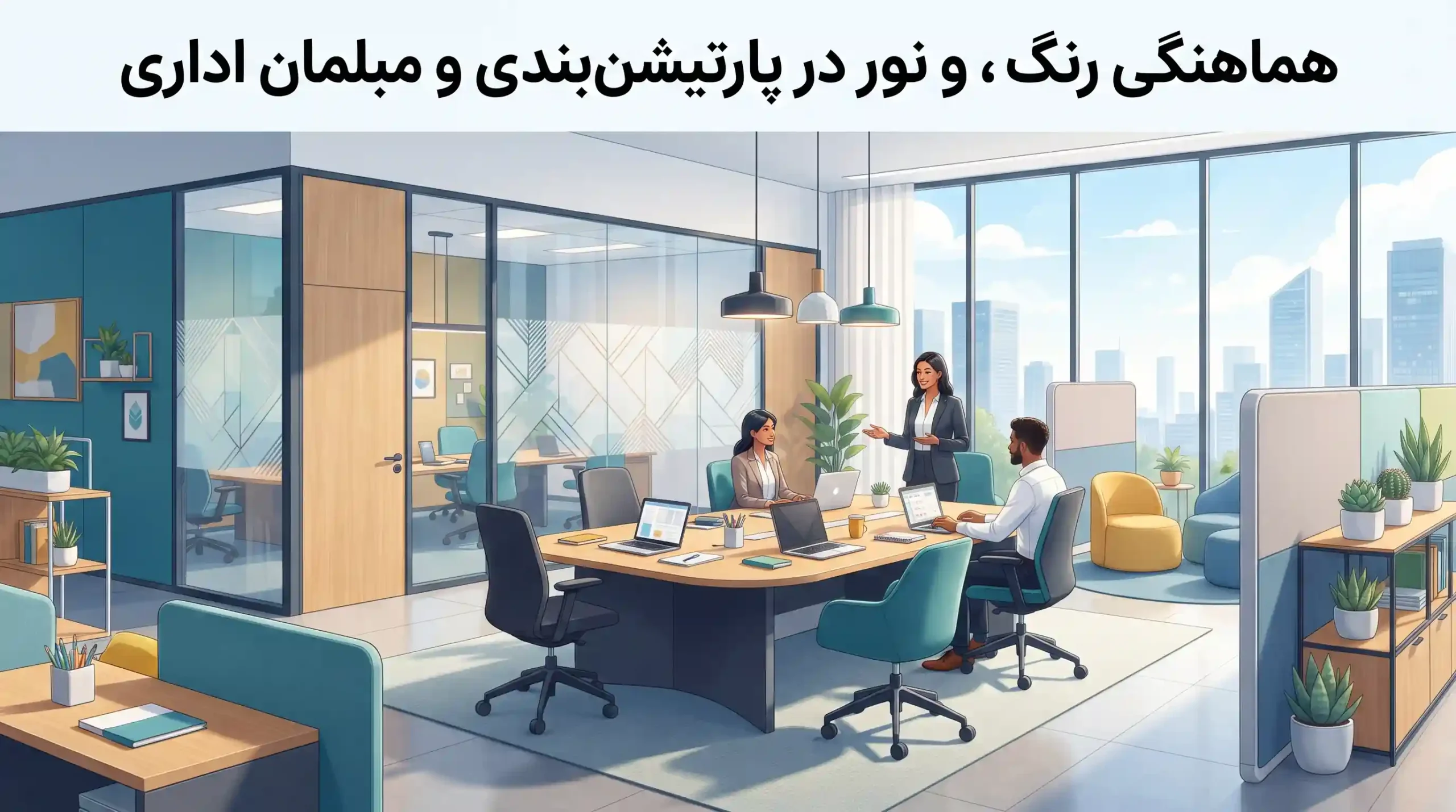 🎨 هماهنگی رنگ و نور در پارتیشن‌بندی و مبلمان اداری