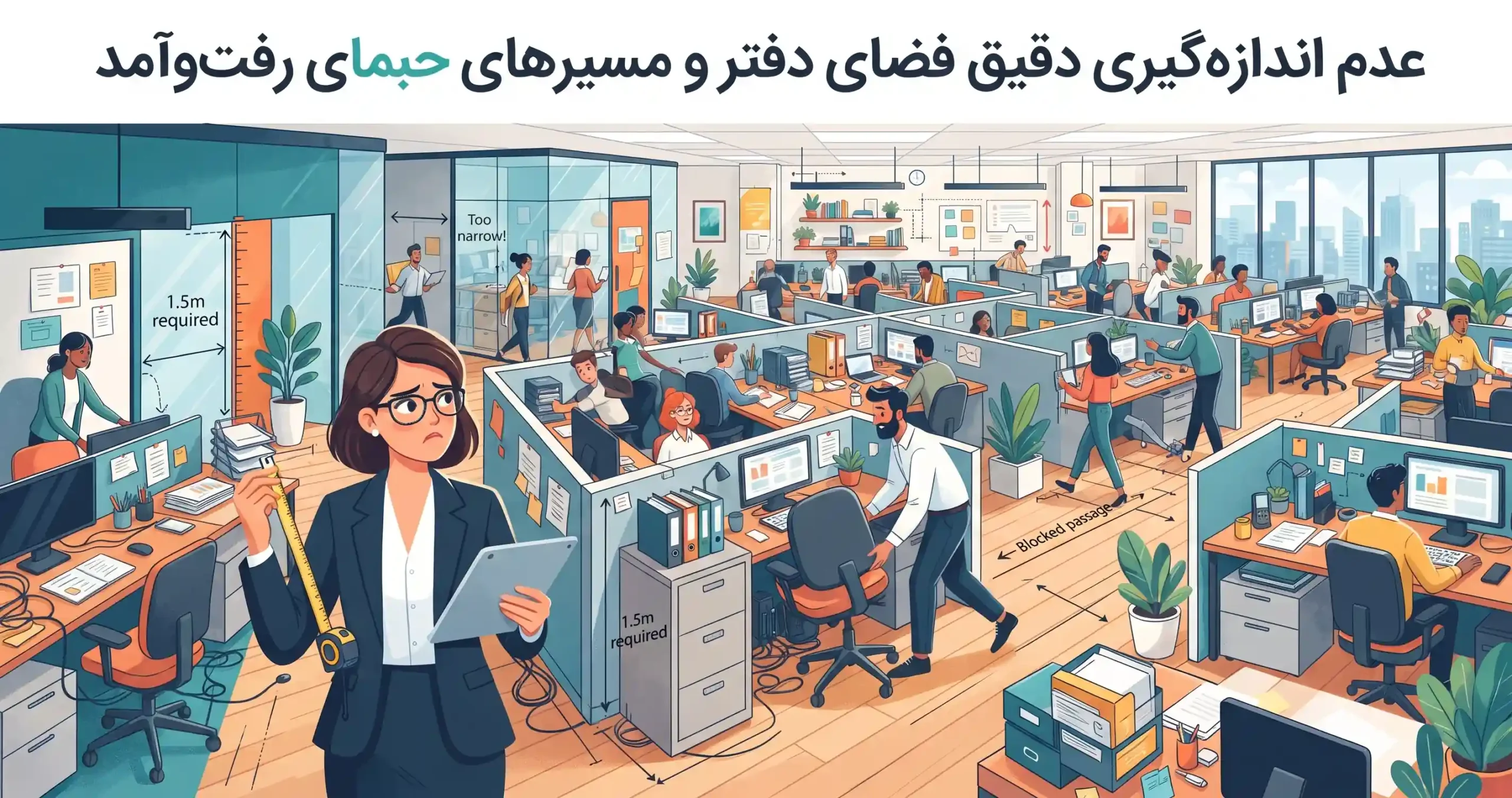 📐 عدم اندازهگیری دقیق فضای دفتر و مسیرهای رفتوآمد