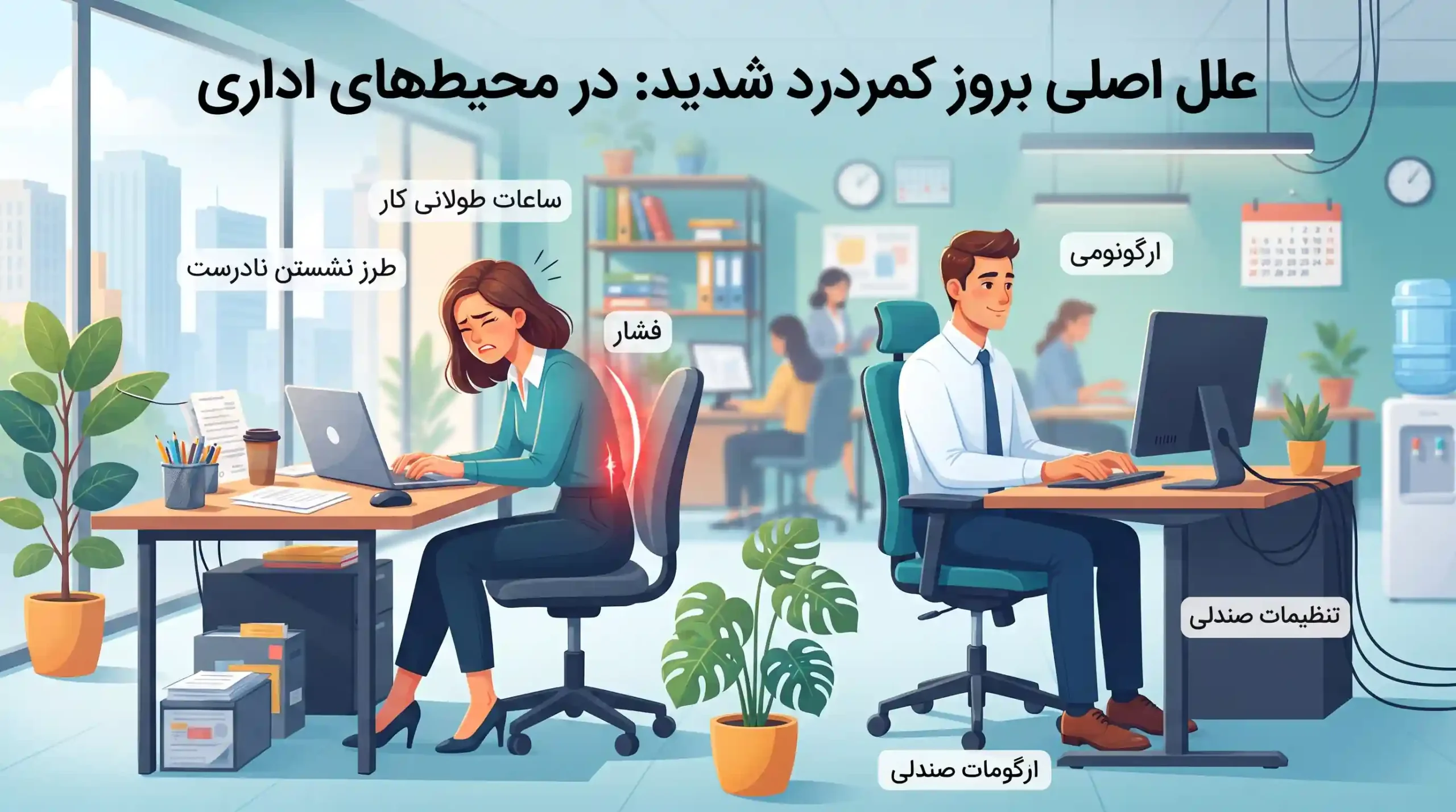 📉 علل اصلی بروز کمردرد شدید در محیط‌های اداری