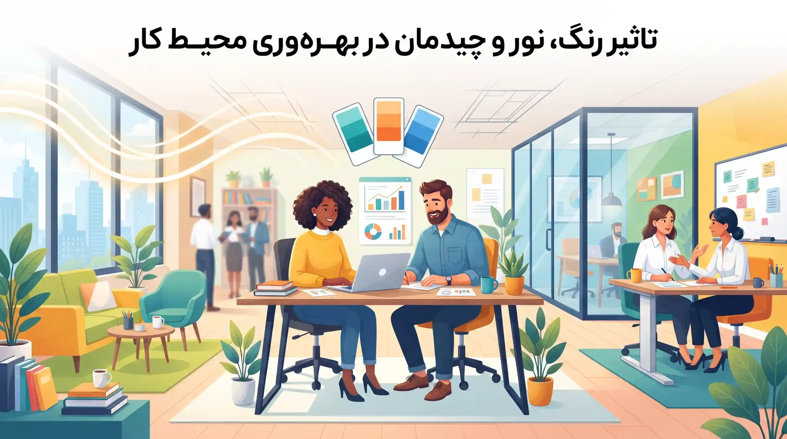 💡 تاثیر رنگ، نور و چیدمان در بهره‌وری محیط کار