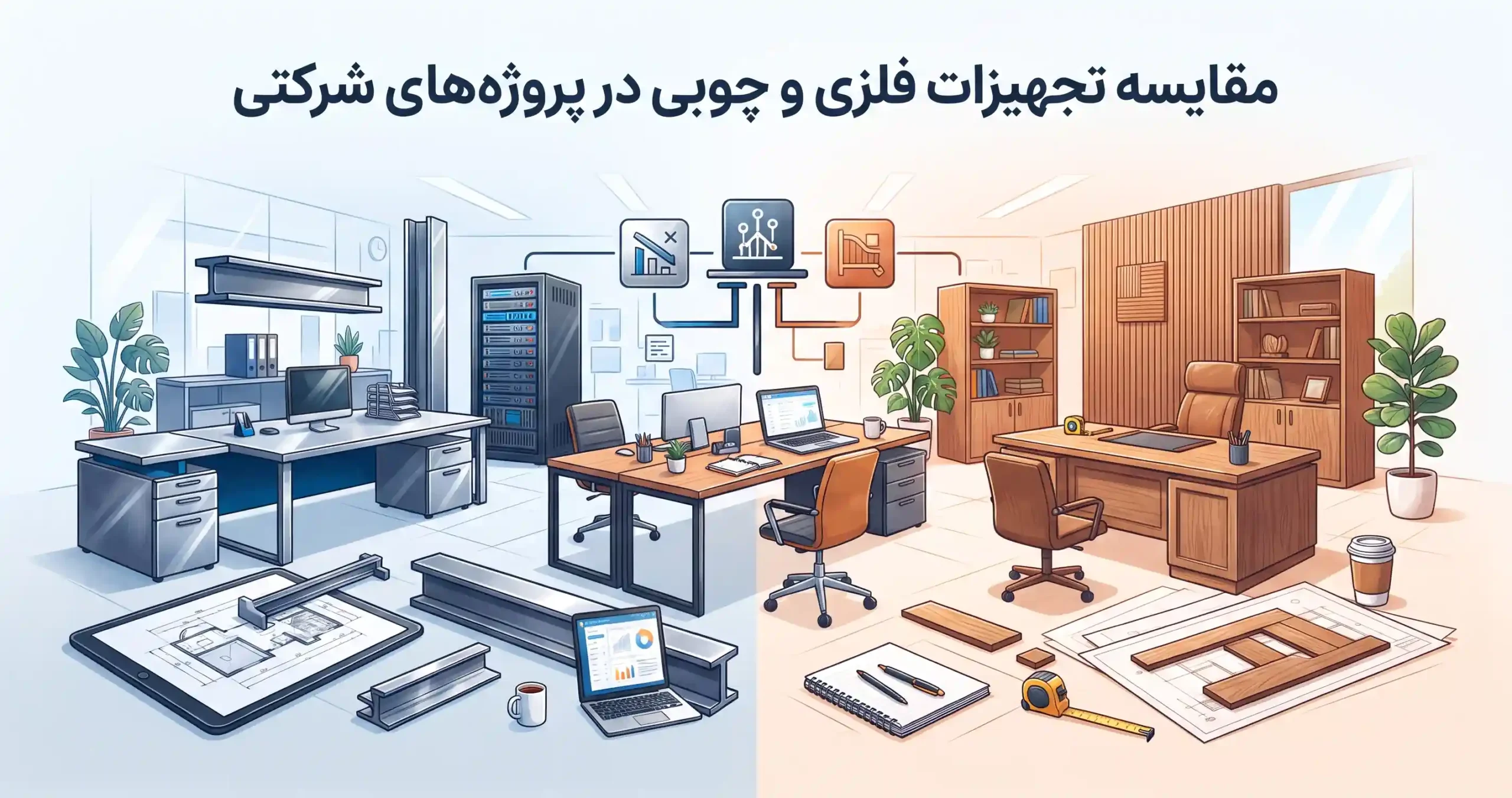⚙️ مقایسه تجهیزات فلزی و چوبی در پروژه‌های شرکتی