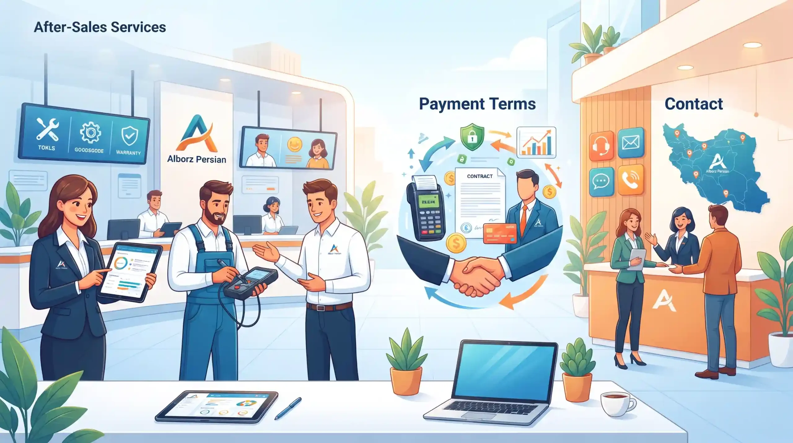 📞 خدمات پس از فروش، شرایط پرداخت و ارتباط با البرز پرشین