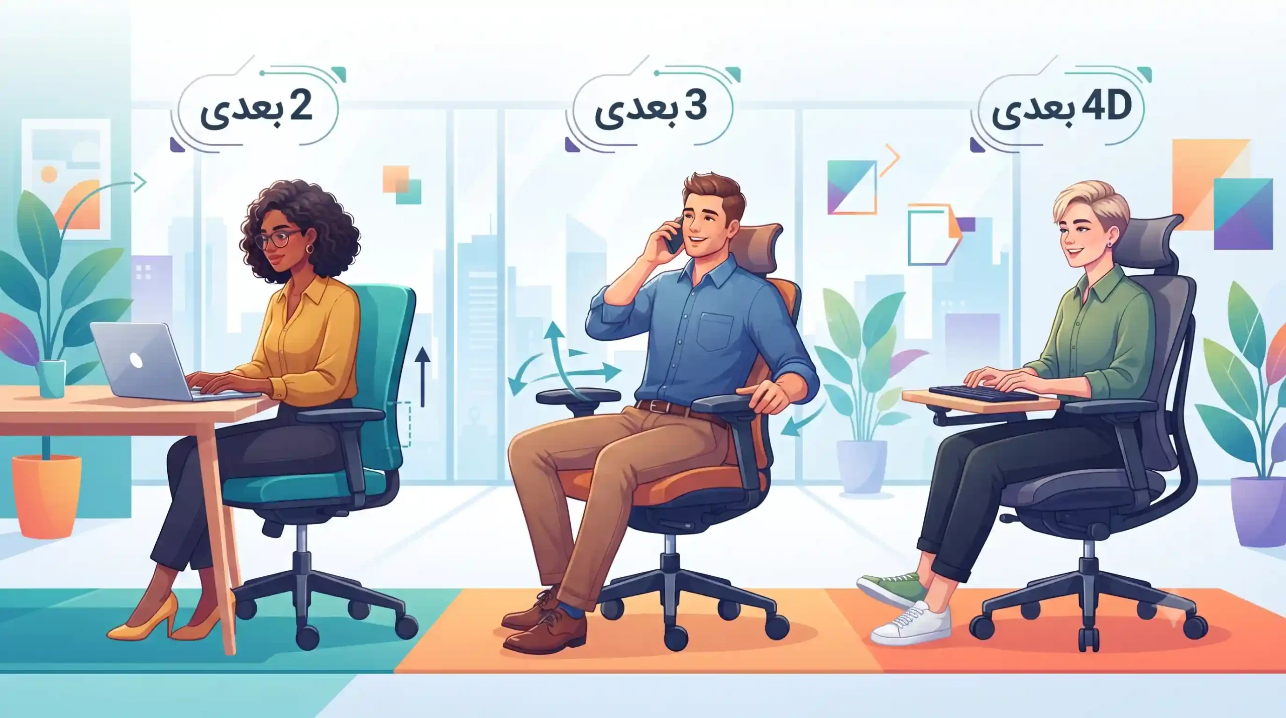 🛠️ نقش دسته صندلی (۲ بعدی، ۳ بعدی و ۴ بعدی) در راحتی کارمندان و نوسانات قیمت