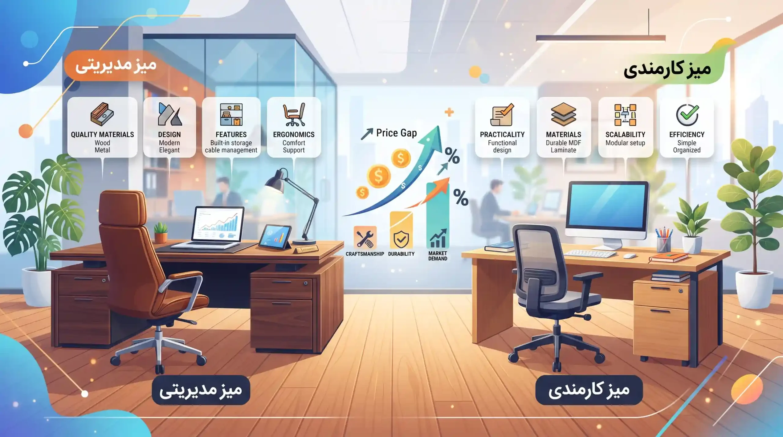 🖥️ بررسی فاکتورهای کلیدی در قیمت‌گذاری میزهای مدیریتی و کارمندی