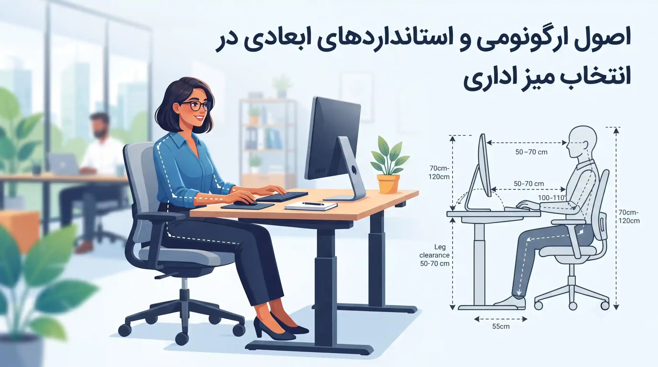 📐 اصول ارگونومی و استانداردهای ابعادی در انتخاب میز اداری