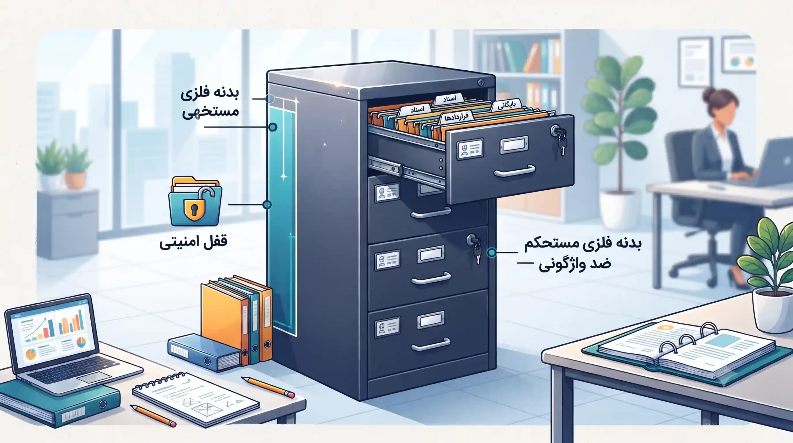 🛠️ ویژگی‌های فنی و ساختاری کمد بایگانی فلزی اداری استاندارد