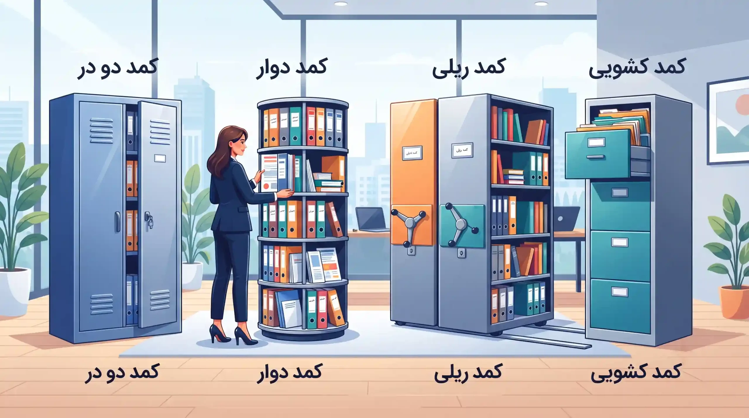 📂 انواع کمد بایگانی فلزی؛ دو در، دوار، ریلی و کشویی