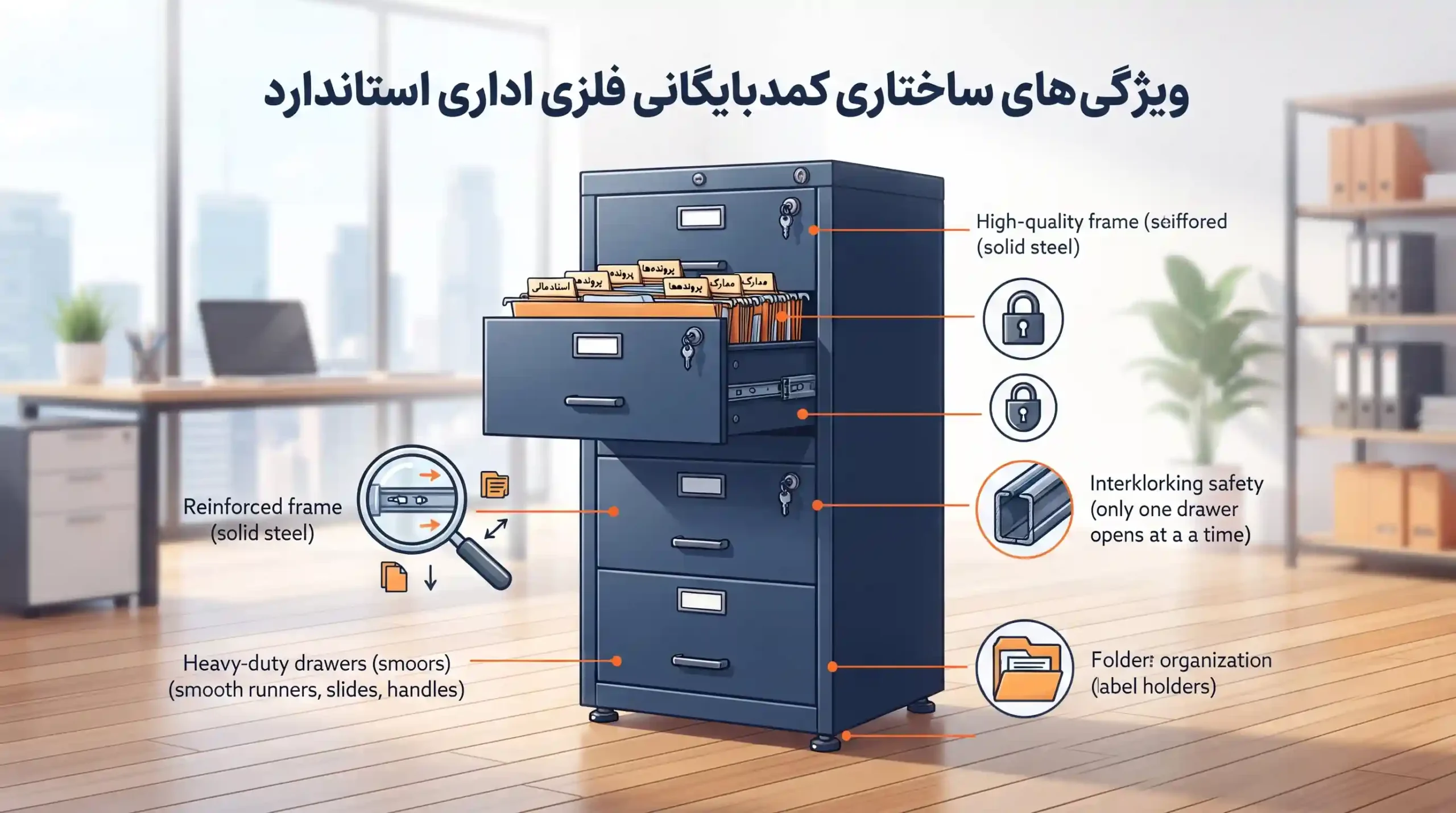 🛡️ ویژگی‌های ساختاری کمد بایگانی فلزی اداری استاندارد