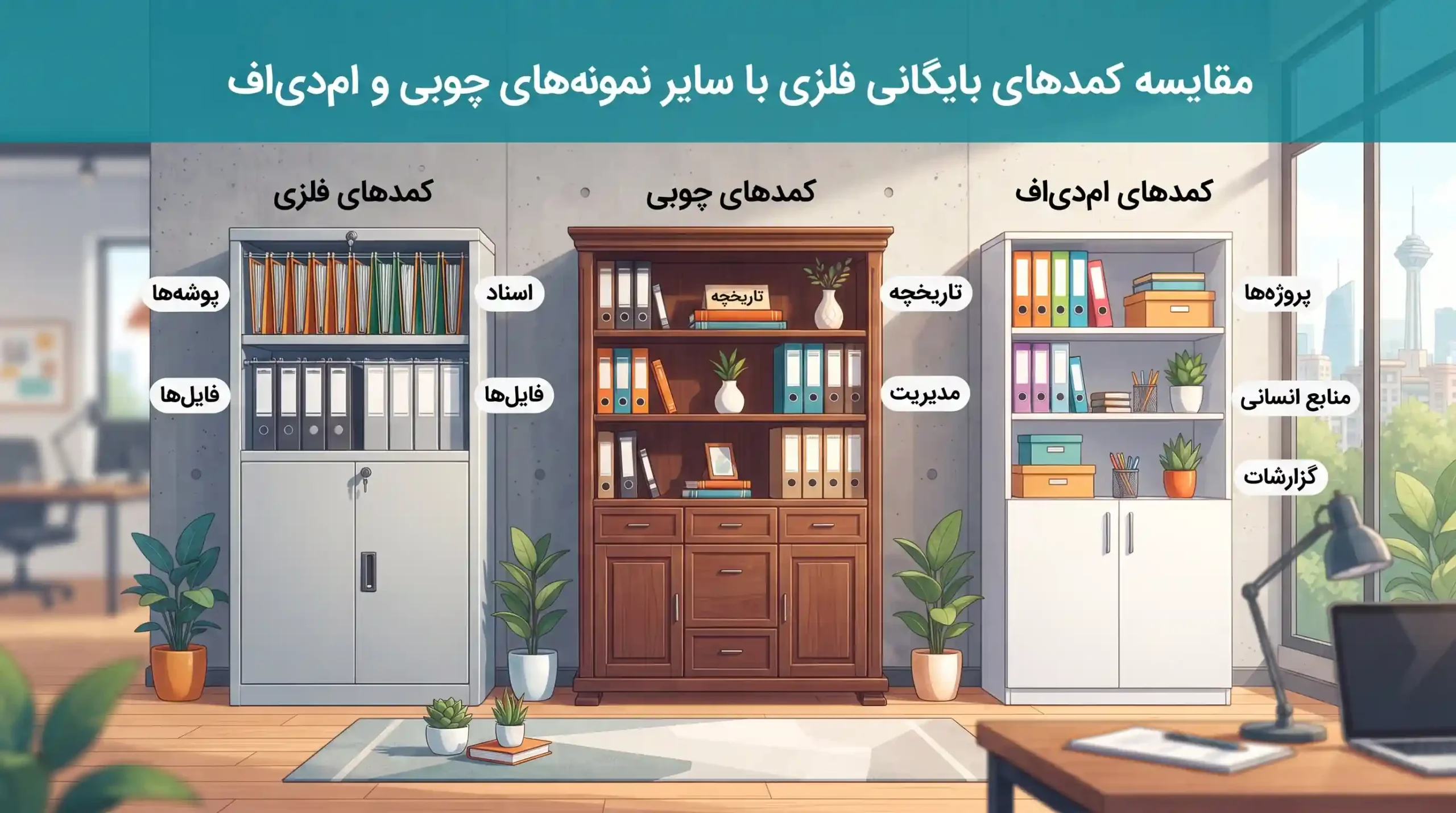 📊 مقایسه کمدهای بایگانی فلزی با سایر نمونه‌های چوبی و ام‌دی‌اف
