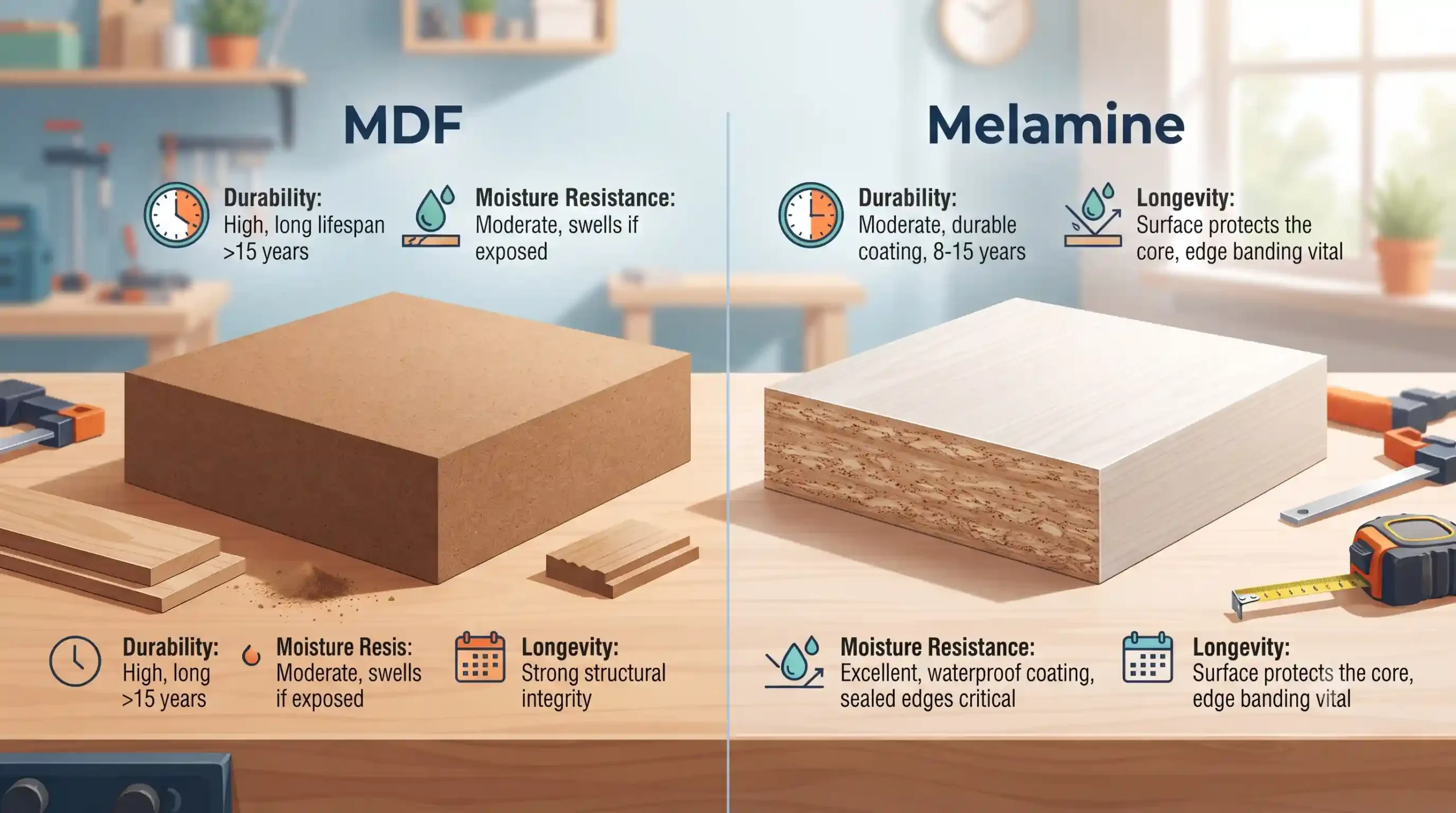 🔍 مقایسه دوام، مقاومت در برابر رطوبت و طول عمر MDF و ملامینه