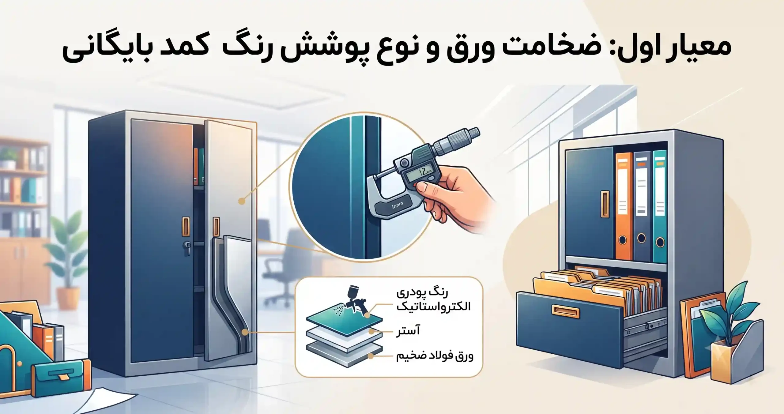 🔩 معیار اول: ضخامت ورق و نوع پوشش رنگ کمد بایگانی