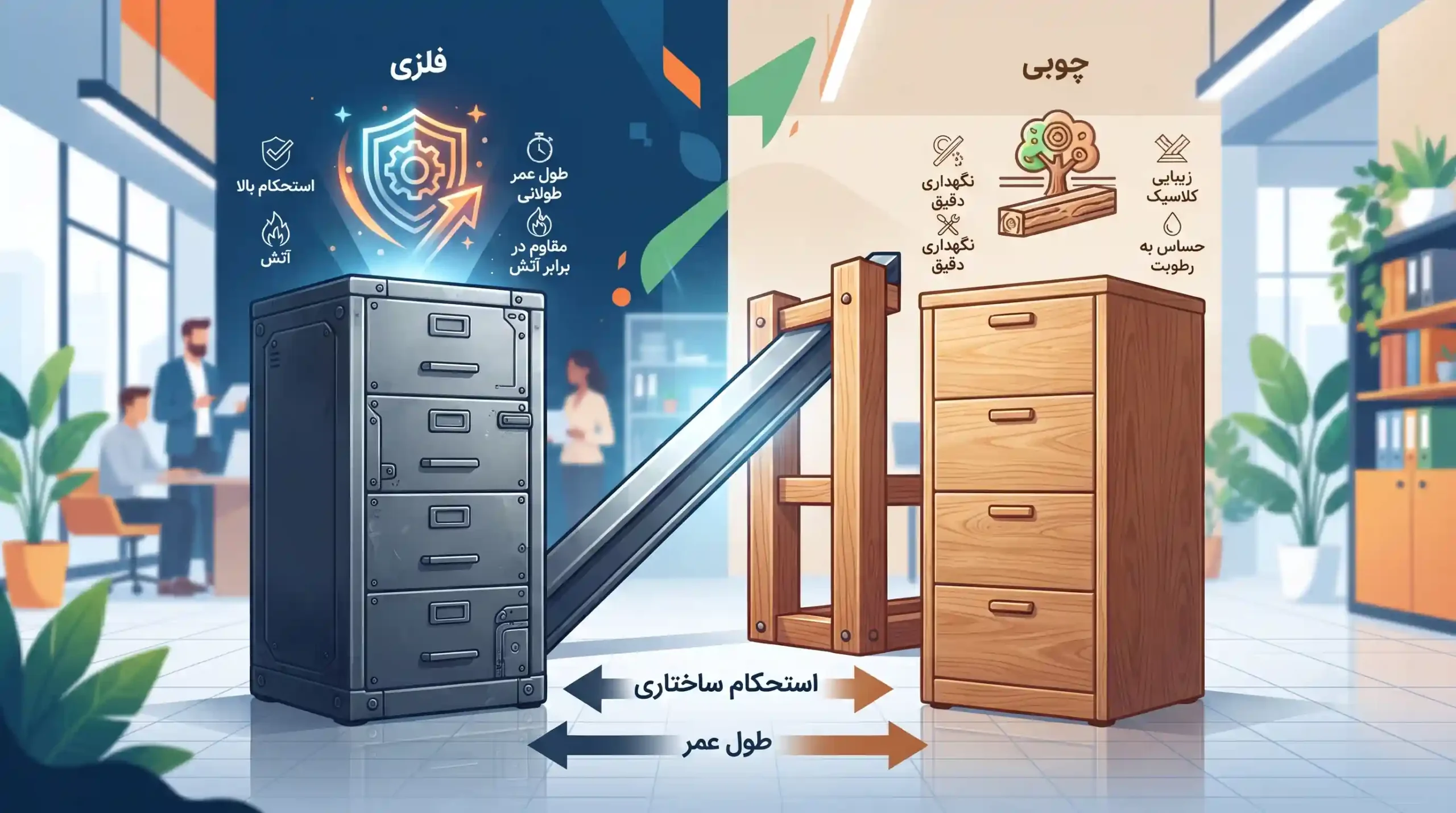 🛡️ مقایسه استحکام ساختاری و طول عمر کمدهای بایگانی فلزی و چوبی
