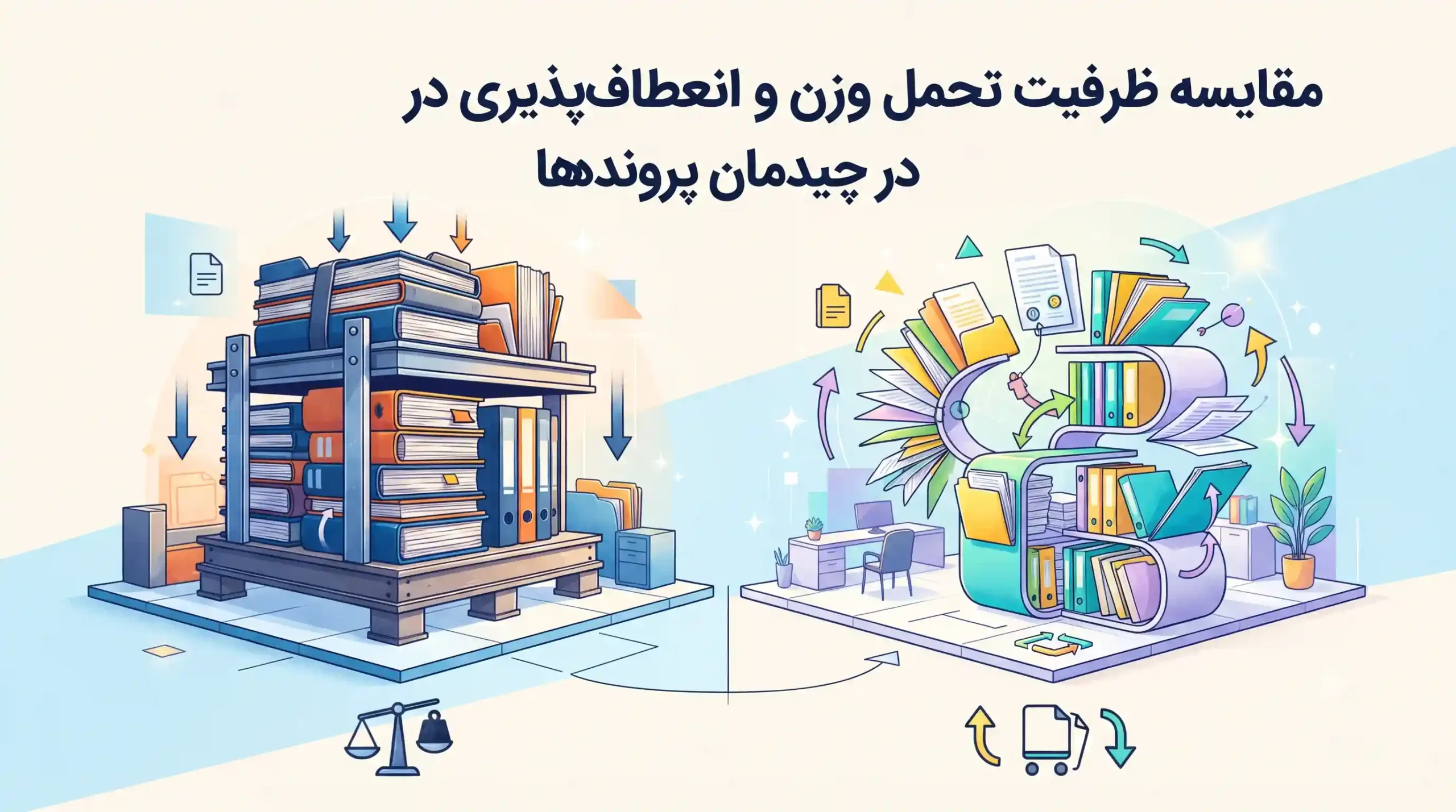 ⚖️ مقایسه ظرفیت تحمل وزن و انعطاف‌پذیری در چیدمان پرونده‌ها