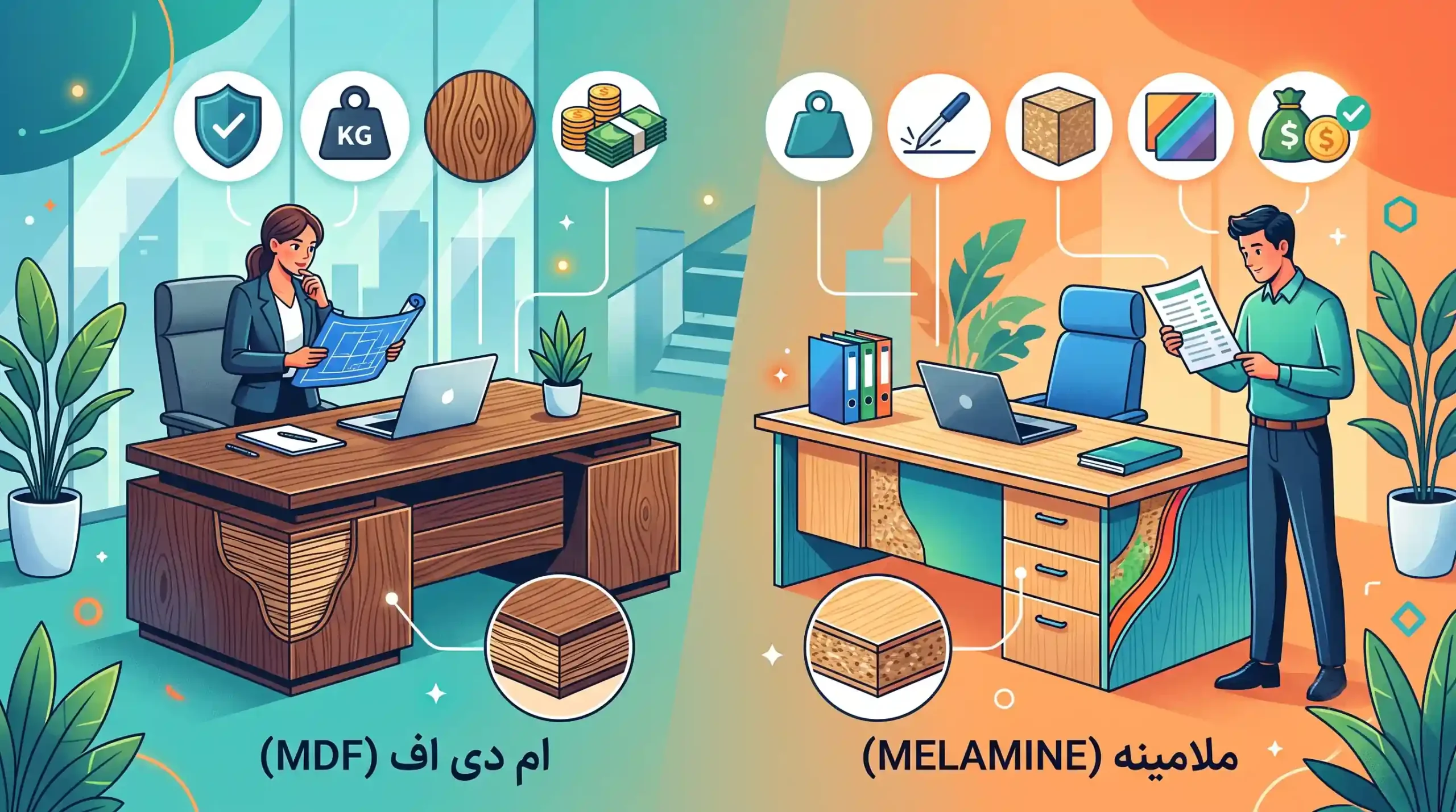 ⚖️ مقایسه ساختار میزهای مدیریتی ام دی اف و ملامینه از نظر اقتصادی