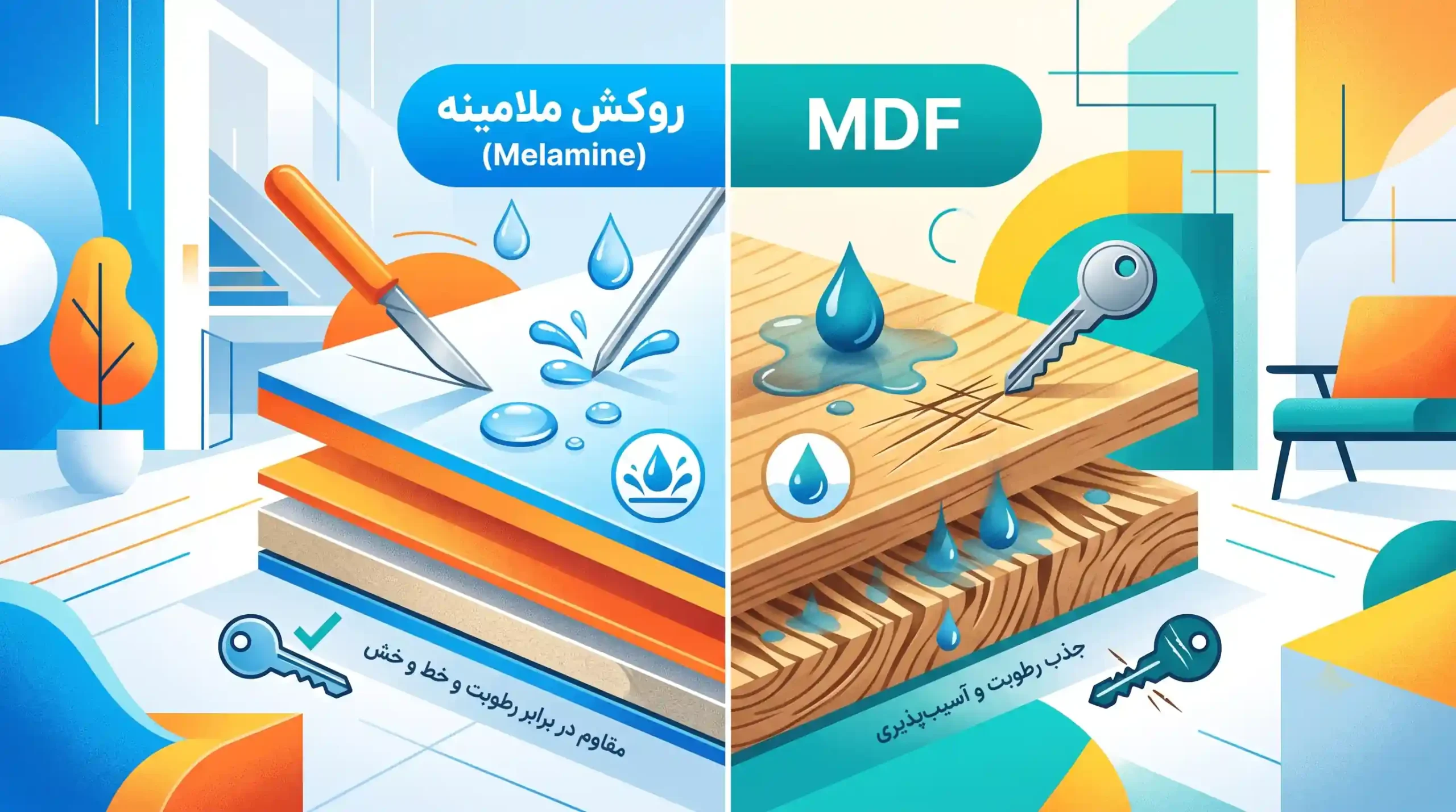 ⚖️ مقایسه مقاومت روکش ملامینه و MDF در برابر رطوبت و خط و خش