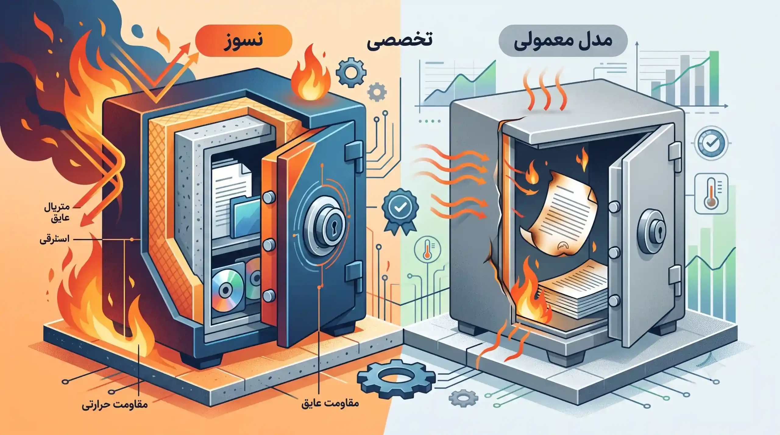 🔥 ساختار تخصصی و ویژگی‌های گاوصندوق نسوز در برابر مدل‌های معمولی