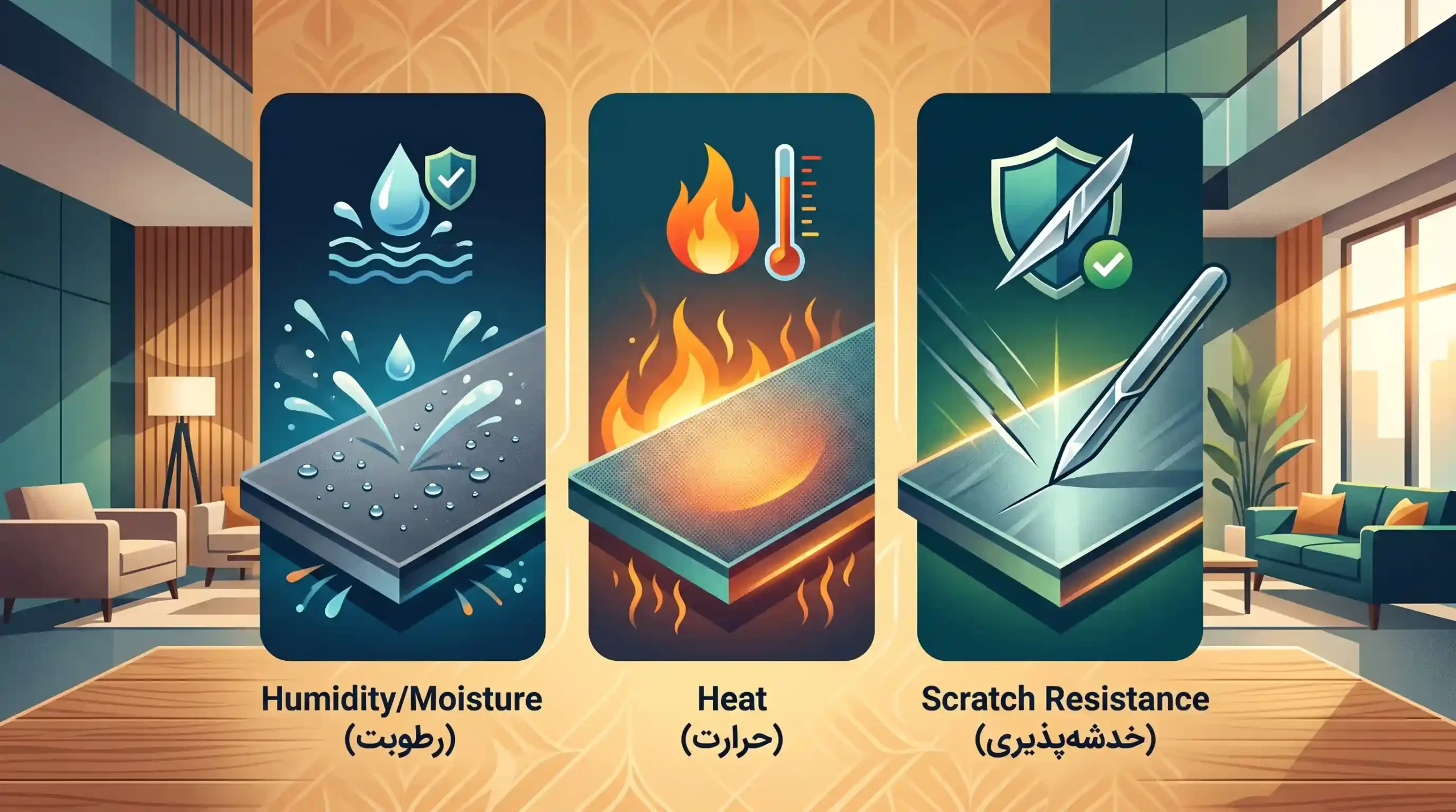 🛡️ عملکرد در برابر رطوبت، حرارت و خدشه‌پذیری سطوح