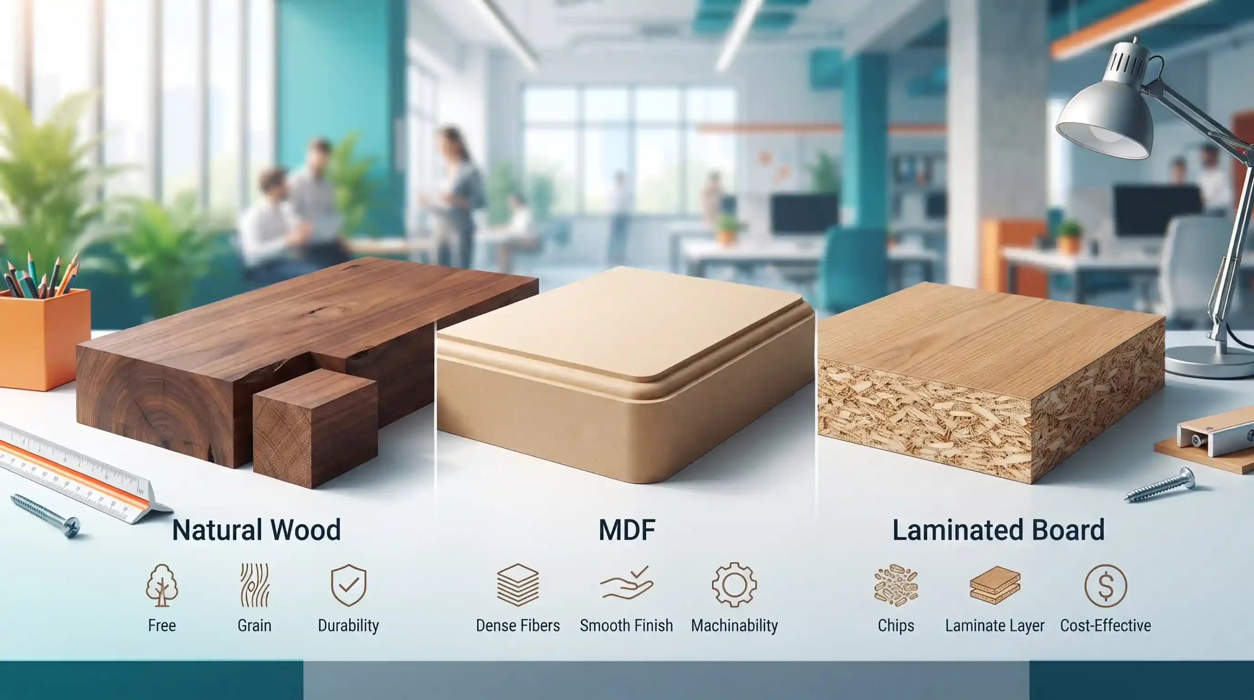 🪵 ساختار و متریال MDF در ساخت میزهای اداری و تفاوت آن با لترون و چوب طبیعی