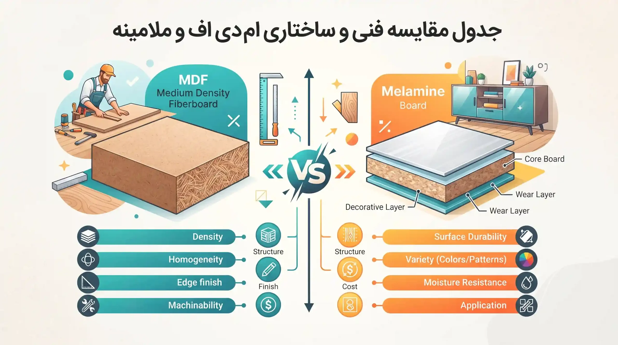 📊 جدول مقایسه فنی و ساختاری ام دی اف و ملامینه