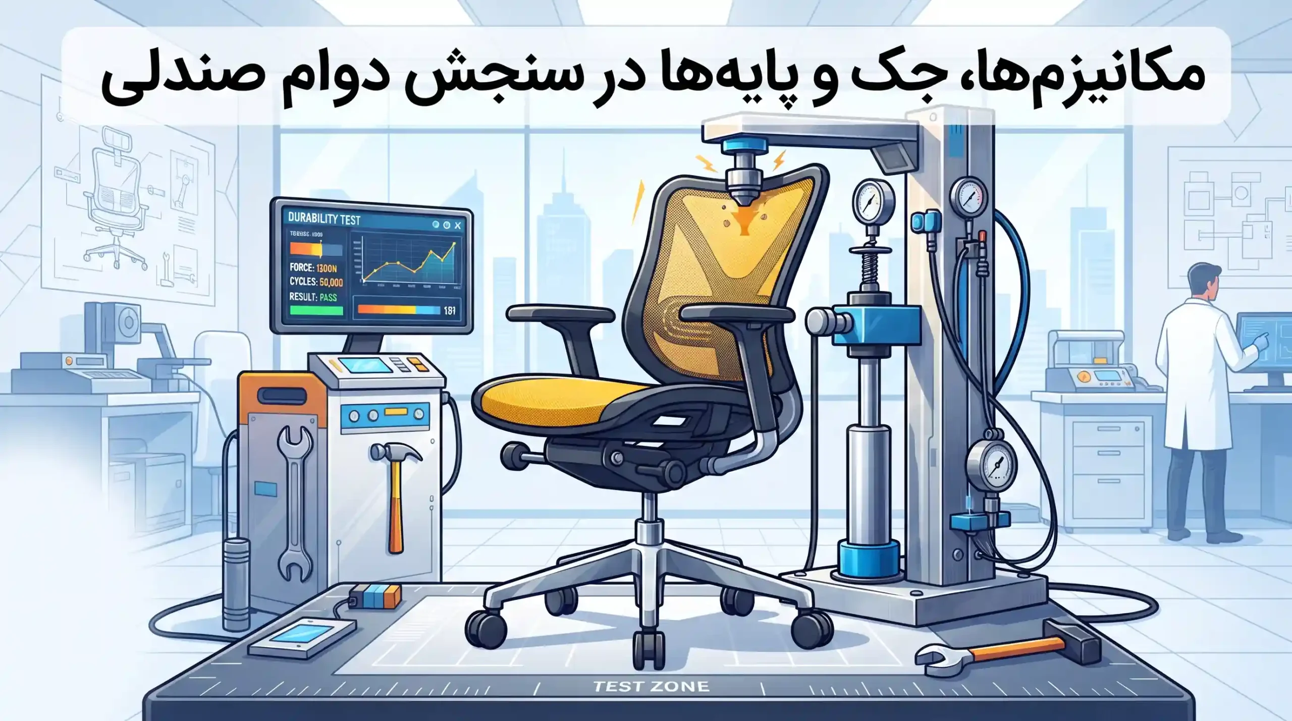 🔩 مکانیزم‌ها، جک و پایه‌ها در سنجش دوام صندلی
