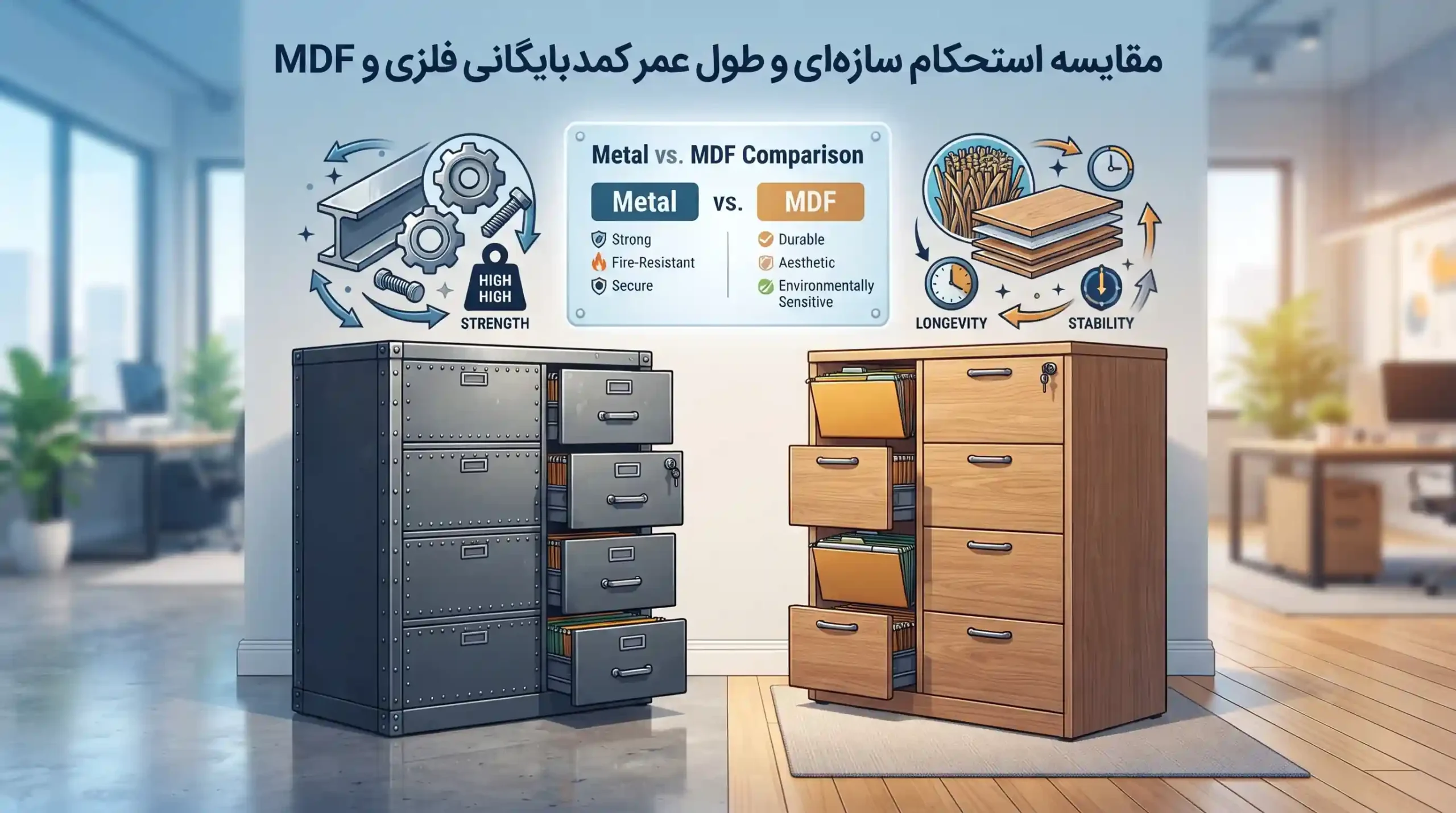 🛡️ مقایسه استحکام سازهای و طول عمر کمد بایگانی فلزی و MDF
