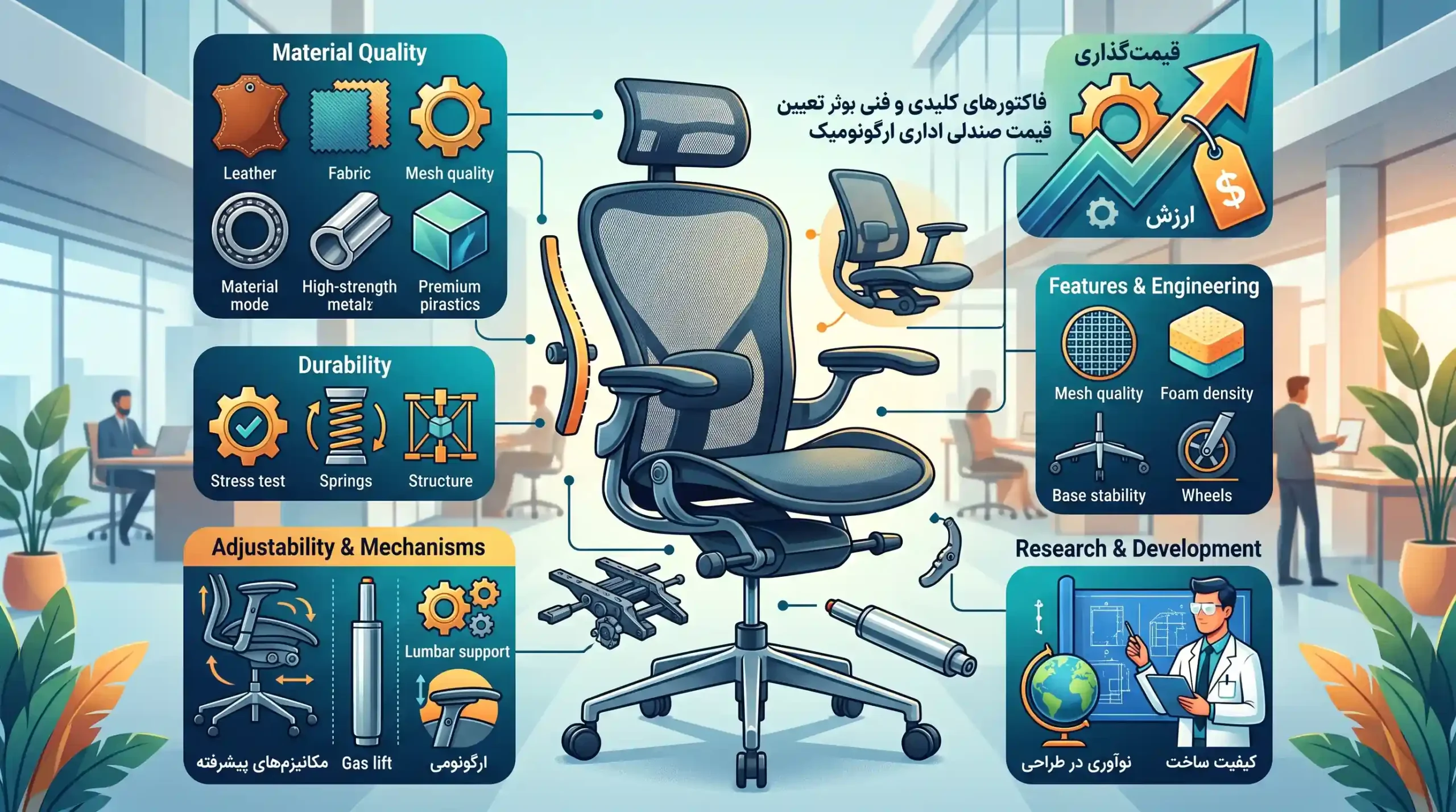🔍 فاکتورهای کلیدی و فنی موثر بر تعیین قیمت صندلی اداری ارگونومیک
