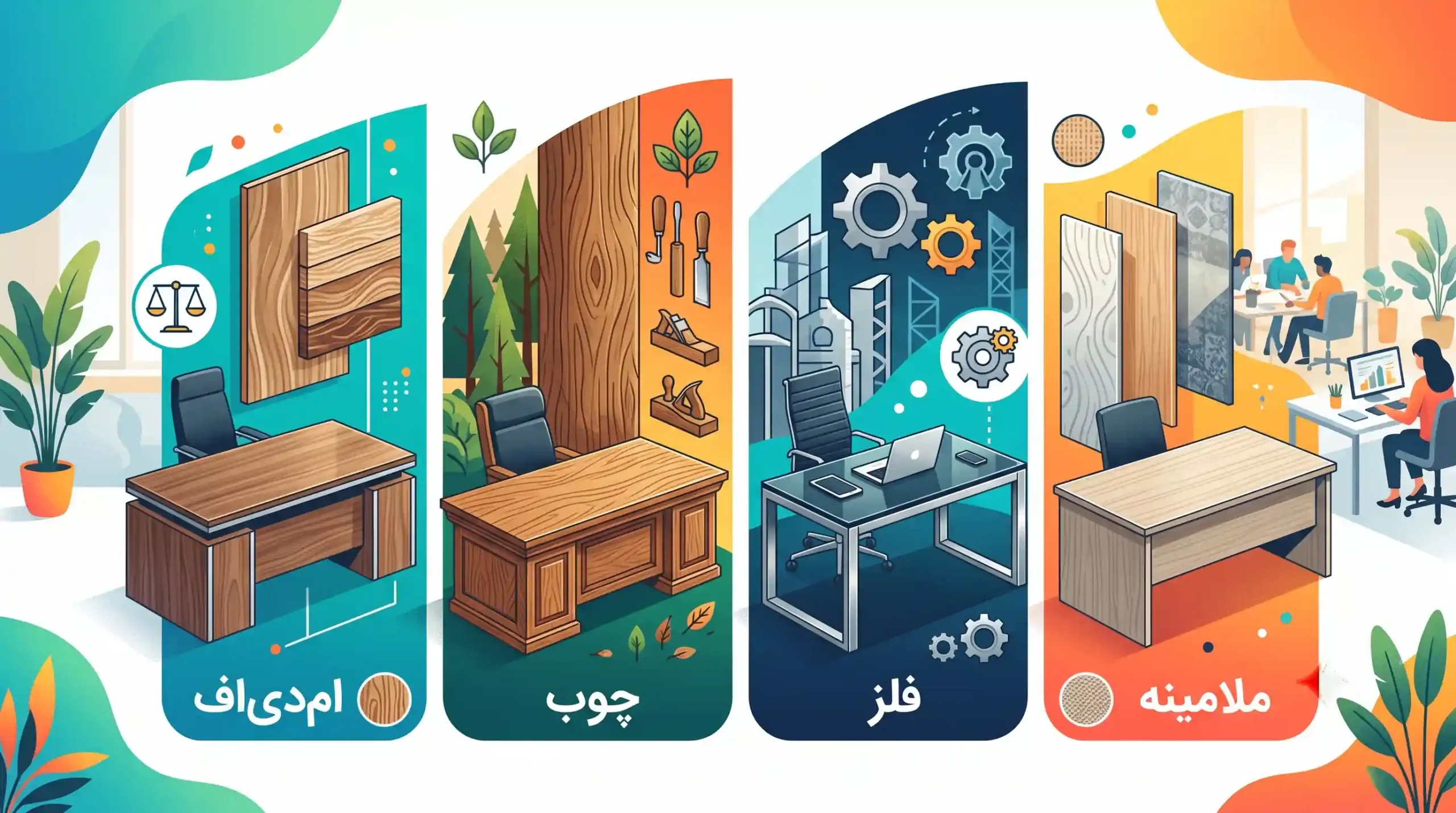 💡 مقایسه میز مدیریت mdf با سایر متریال‌ها (چوب، فلز، ملامینه)
