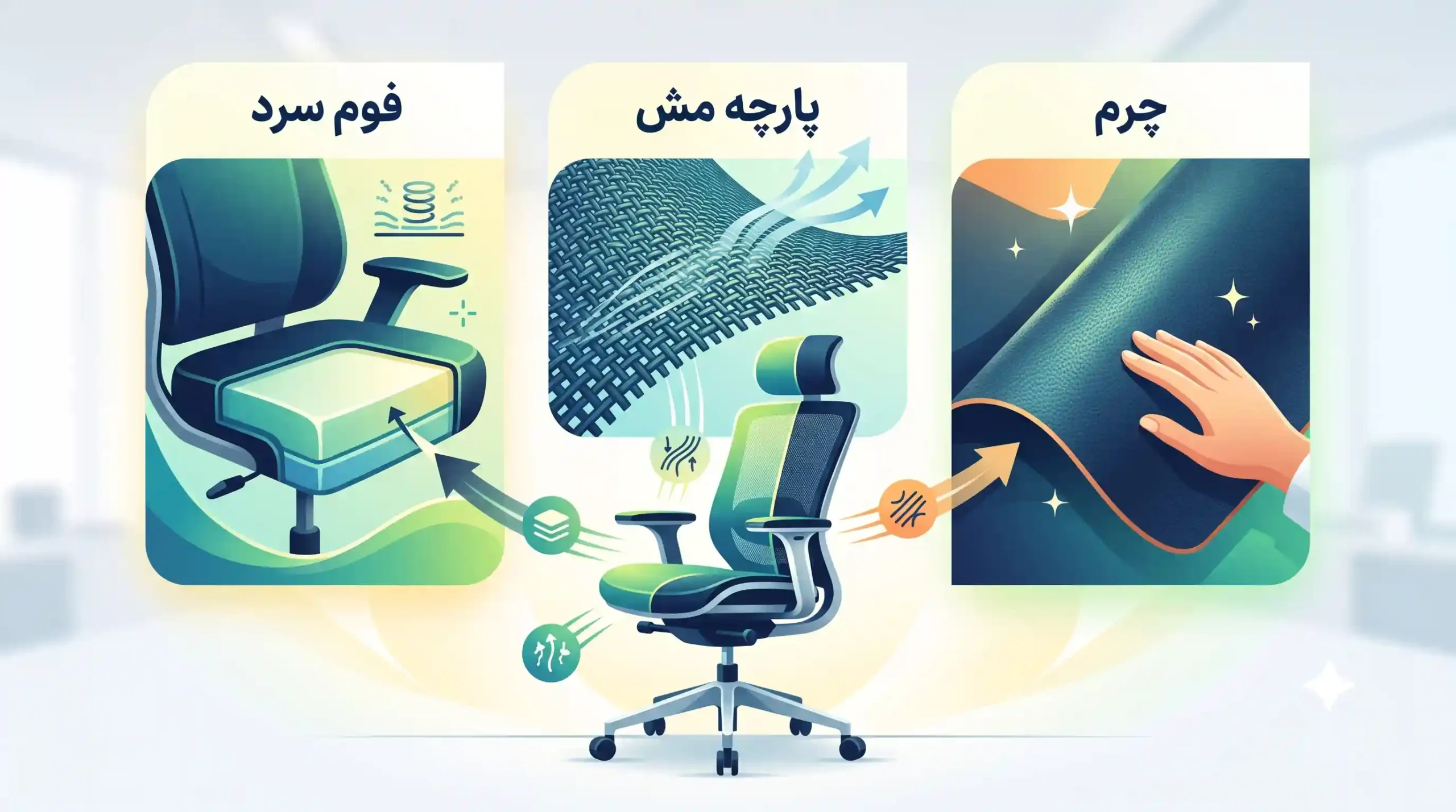 🧵 نکته سوم: کیفیت فوم سرد، پارچه مش و چرم در صندلی مدیریتی