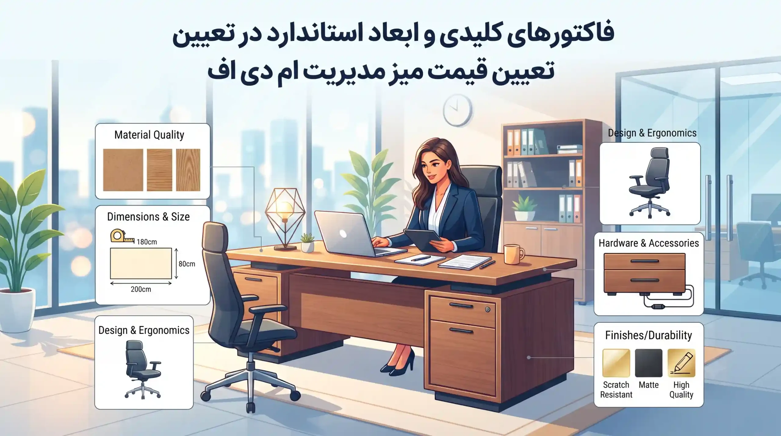 📐 فاکتورهای کلیدی و ابعاد استاندارد در تعیین قیمت میز مدیریت ام دی اف