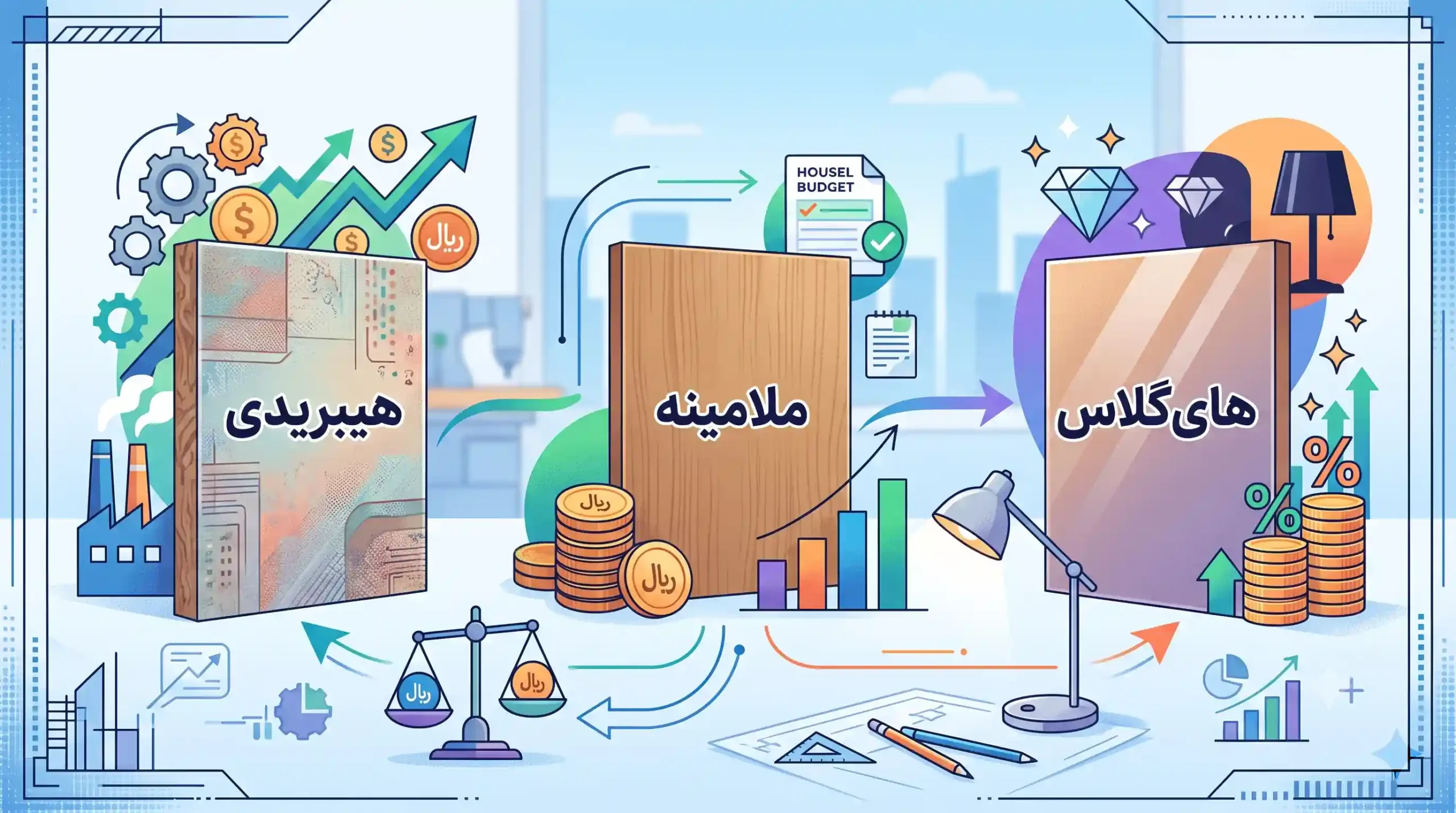 💼 مقایسه اقتصادی انواع روکشهای ام دی اف هیبریدی، ملامینه و هایگلاس