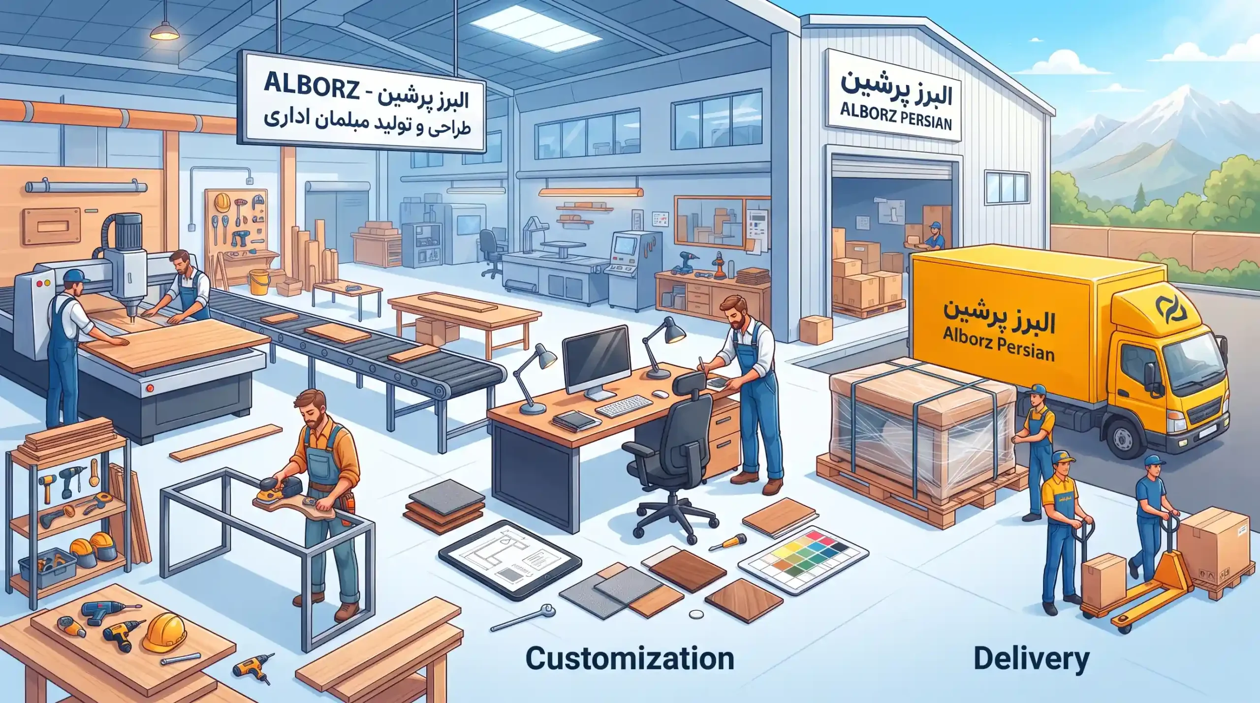 🛠️ مراحل تولید، سفارشی‌سازی و تحویل میزهای اداری در البرز پرشین